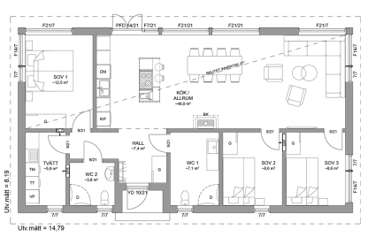 Planritning fritidshus enplanshus 105 kvm Järvsö 121A
