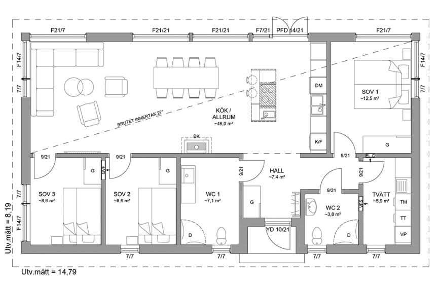 Planritning fritidshus enplanshus 105 kvm Järvsö 121A spegelvänd