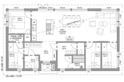 Planritning fjällstuga enplanshus 105 kvm Järvsö 121B