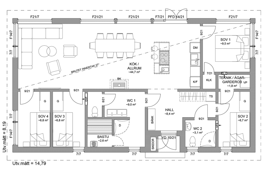 Planritning fjällstuga enplanshus 105 kvm Järvsö 121B spegelvänd