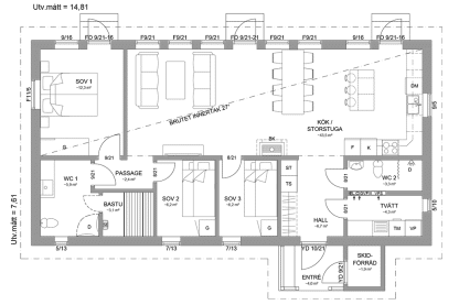 Planritning fjällstuga timmerhus enplanshus 99 kvm Marsfjäll 113