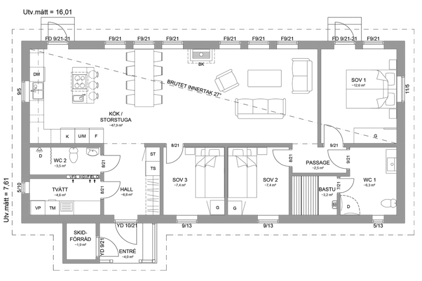 Planritning fjällstuga timmerhus enplanshus 108 kvm Marsfjäll 122 spegelvänd