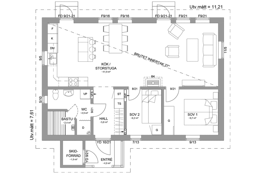 Planritning fjällstuga timmerhus enplanshus 74 kvm Marsfjäll 85 spegelvänd
