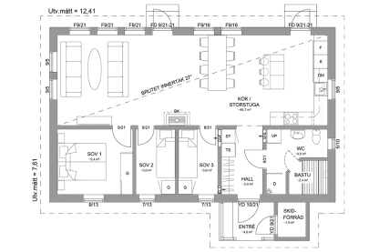 Planritning fjällstuga timmerhus enplanshus 82 kvm Marsfjäll 94