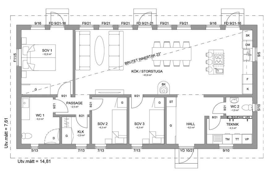 Planritning fritidshus enplanshus 101 kvm Sandhamn 23-113