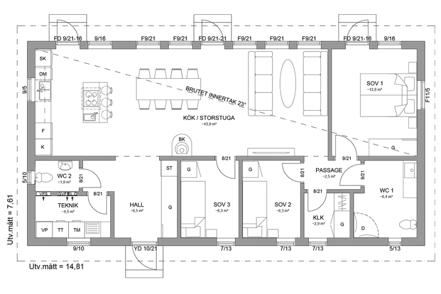Planritning fritidshus enplanshus 101 kvm Sandhamn 23-113 spegelvänd