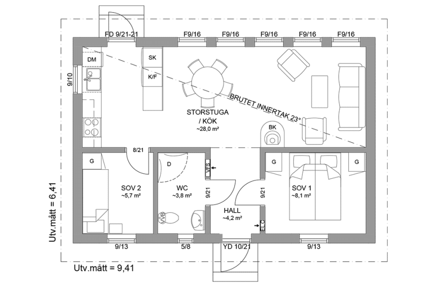 Planritning fritidshus enplanshus 52 kvm Sandhamn 23-60 spegelvänd