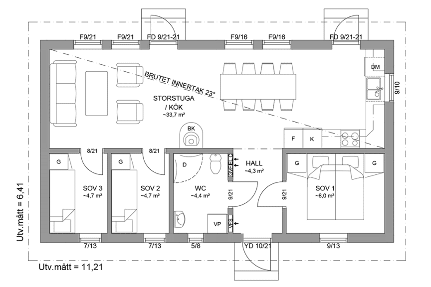 Planritning fritidshus enplanshus 63 kvm Sandhamn 23-72