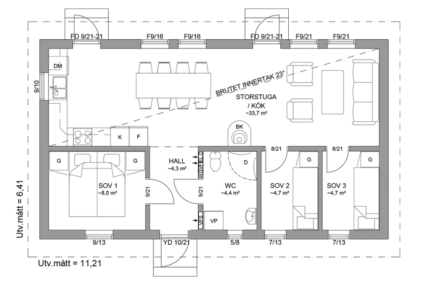 Planritning fritidshus enplanshus 63 kvm Sandhamn 23-72 spegelvänd