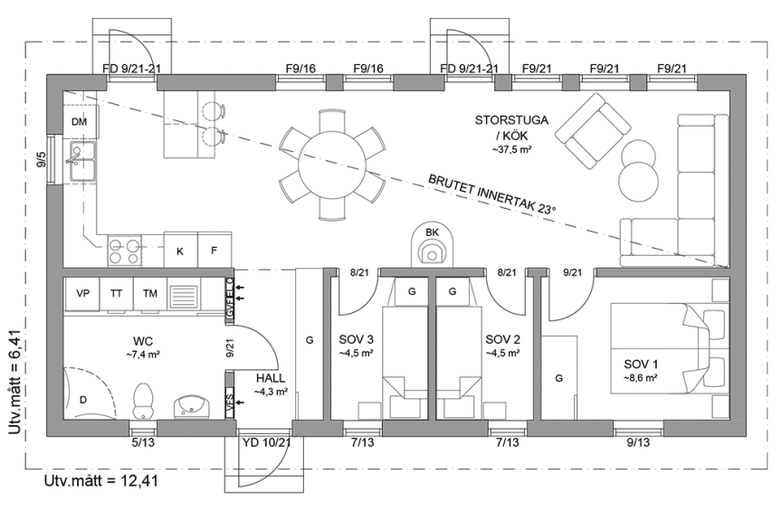 Planritning fritidshus enplanshus 70 kvm Sandhamn 23-80 spegelvänd