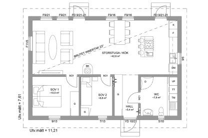 Planritning fritidshus enplanshus 75 kvm Sandhamn 23-85