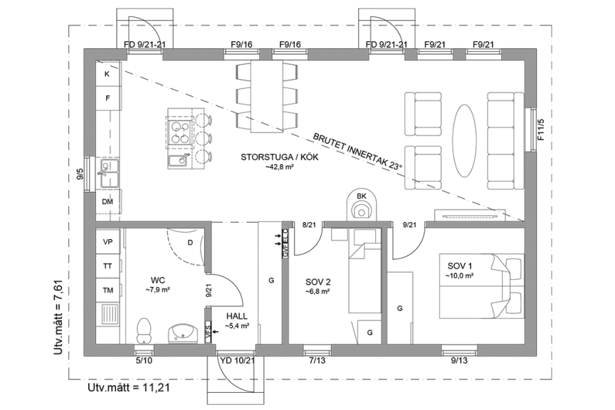 Planritning fritidshus enplanshus 75 kvm Sandhamn 23-85 spegelvänd