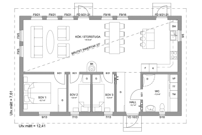 Planritning fritidshus enplanshus 84 kvm Sandhamn 23-95