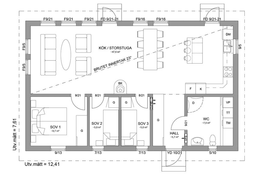 Planritning fritidshus enplanshus 84 kvm Sandhamn 23-95