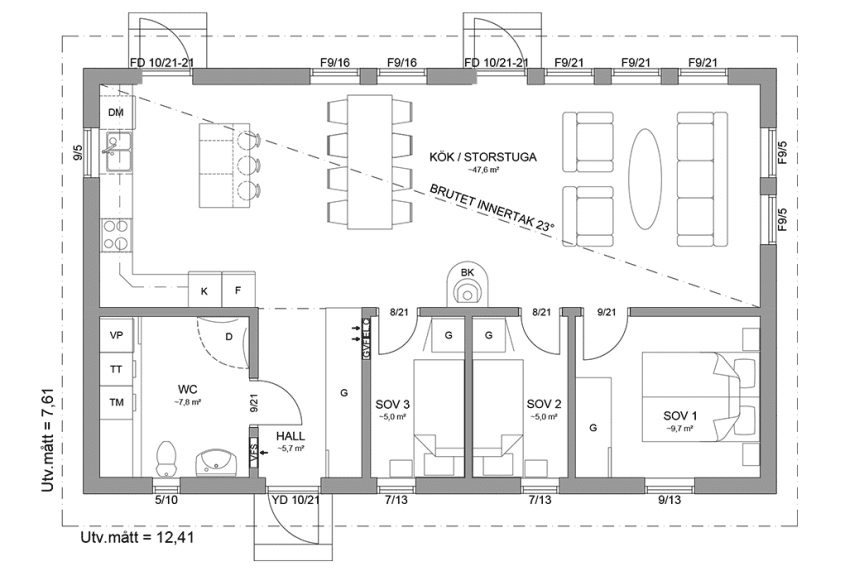 Planritning fritidshus enplanshus 84 kvm Sandhamn 23-95 spegelvänd