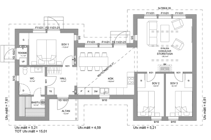 Planritning fjällstuga enplanshus 86 kvm Sarek 107