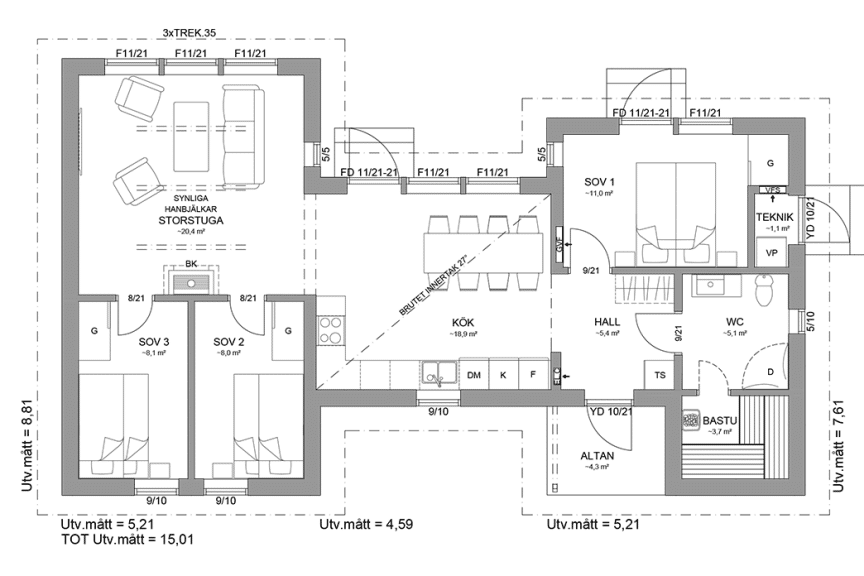 Planritning fjällstuga enplanshus 86 kvm Sarek 107 spegelvänd