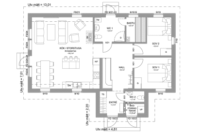Planritning entreplan fjällstuga med loft 111 kvm Sonfjället 35-101
