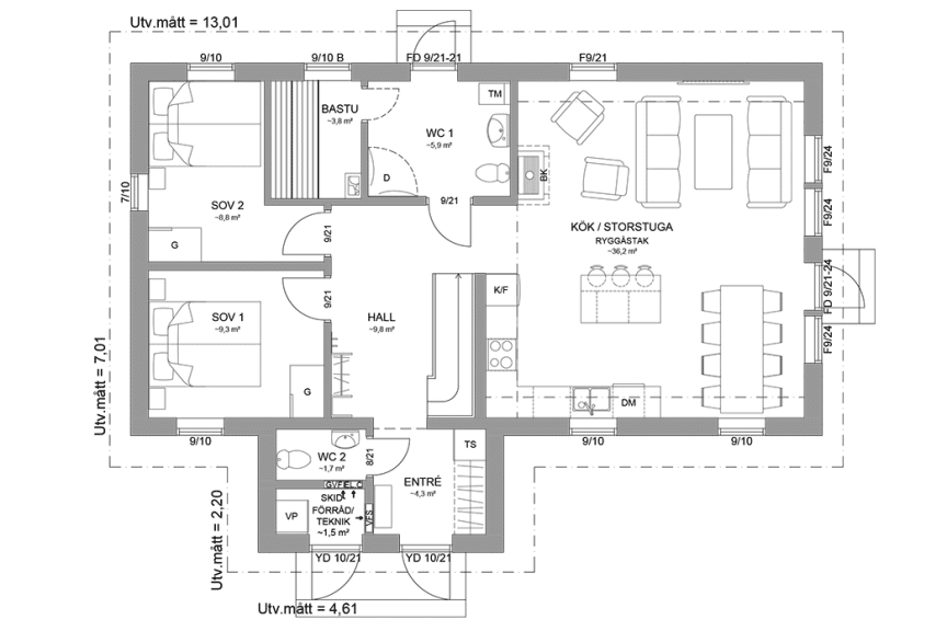Planritning entreplan fjällstuga med loft 111 kvm Sonfjället 35-101 spegelvänd