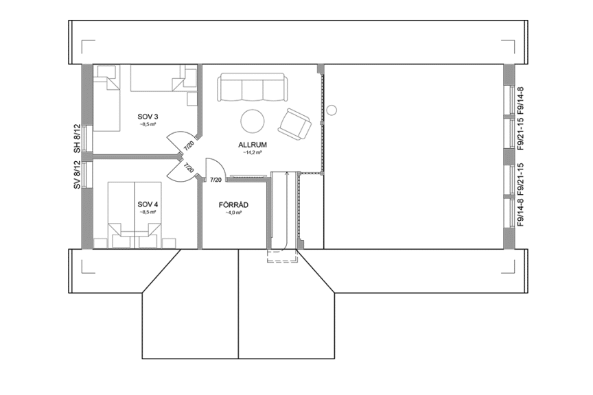 Planritning loftplan fjällstuga med loft 111 kvm Sonfjället 35-101 spegelvänd