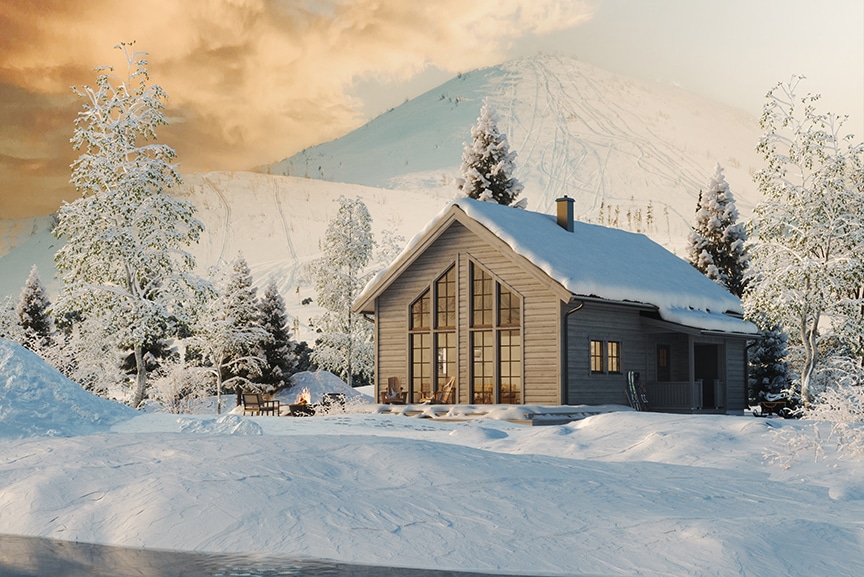 Sonfjället 35-85, fjällstuga med loft timmerhus 91 kvm i vintrig fjällmiljö