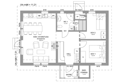 Planritning entreplan fjällstuga med loft 91 kvm Sonfjället 35-85