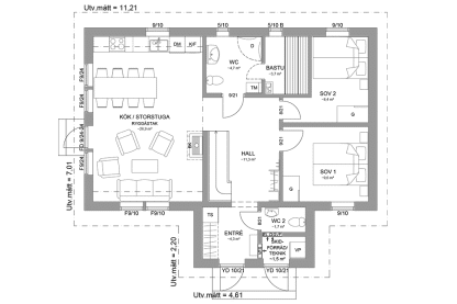 Planritning entreplan fjällstuga med loft 98 kvm Sonfjället 35-89