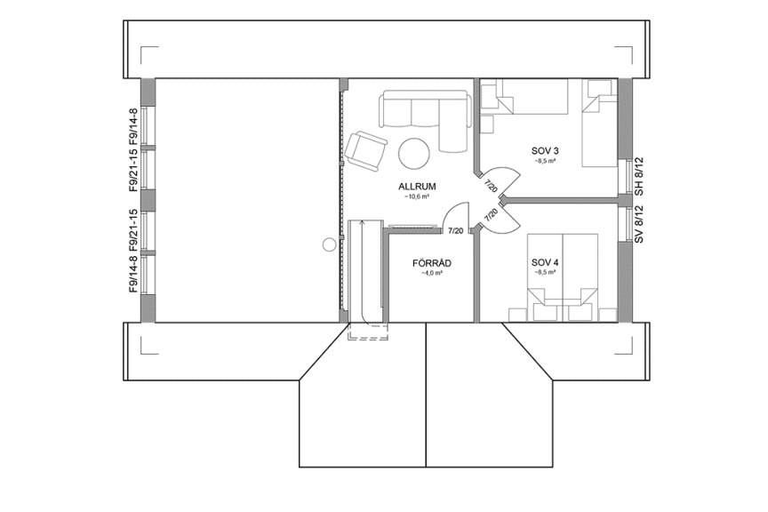 Planritning loftplan fjällstuga med loft 98 kvm Sonfjället 35-89 spegelvänd