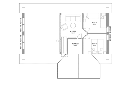 Planritning loftplan fjällstuga med loft 101 kvm Sonfjället 35-93 spegelvänd