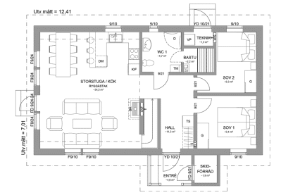 Planritning entreplan fjällstuga med loft 98 kvm Sonfjället 35-94