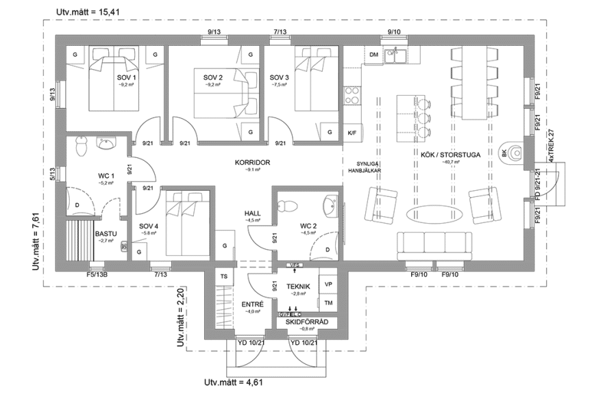 Planritning fjällstuga enplanshus 103 kvm Sylarna 128 spegelvänd