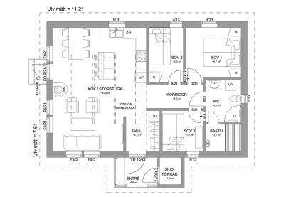 Planritning fjällstuga enplanshus 74 kvm Sylarna 92