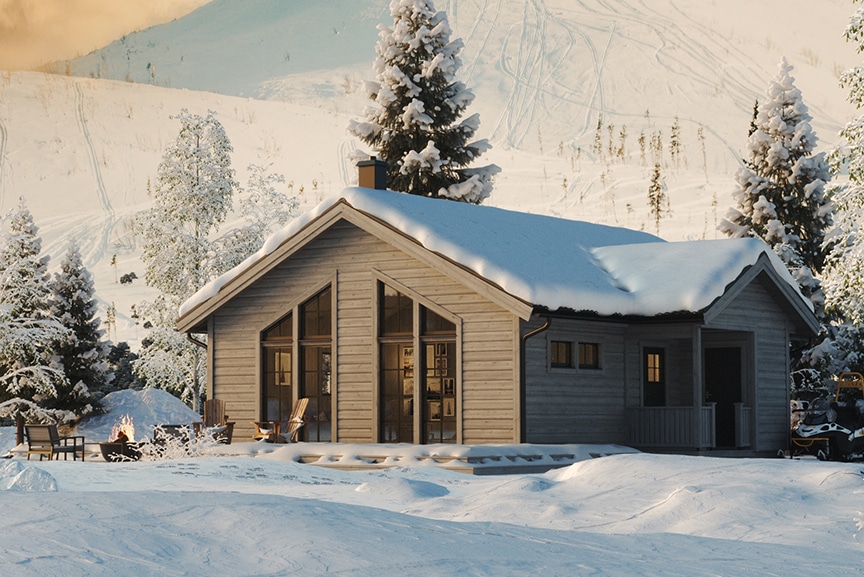 Sylarna 92, enplans fjällstuga timmerhus 74 kvm i vintrig fjällmiljö inzoomad