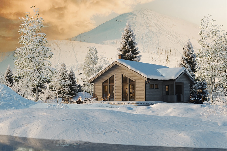 Sylarna 92, enplans fjällstuga timmerhus 74 kvm i vintrig fjällmiljö