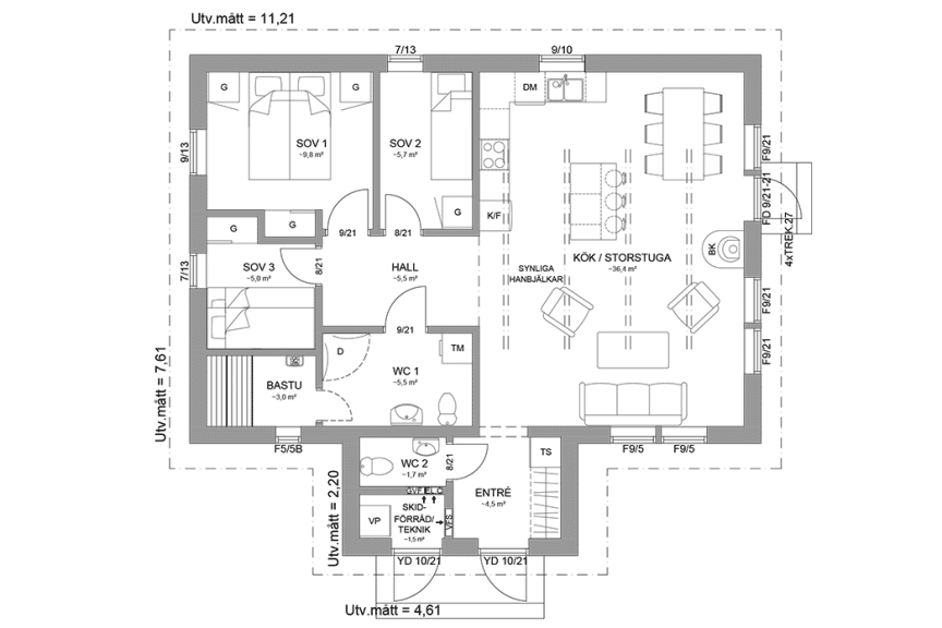 Planritning fjällstuga enplanshus 81 kvm Sylarna 96 spegelvänd