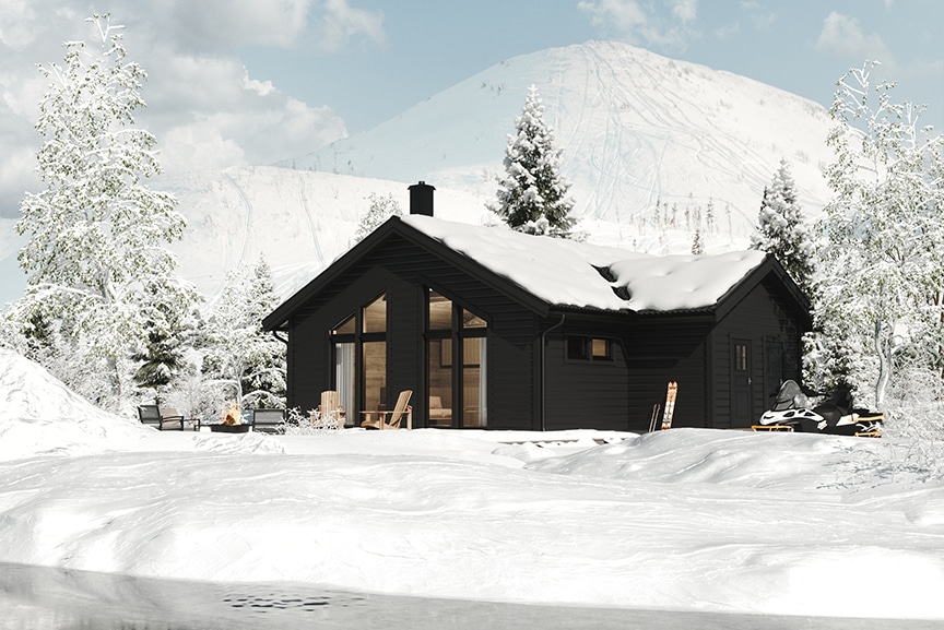 Sylarna 96, enplans fjällstuga timmerhus 81 kvm i vintrig fjällmiljö