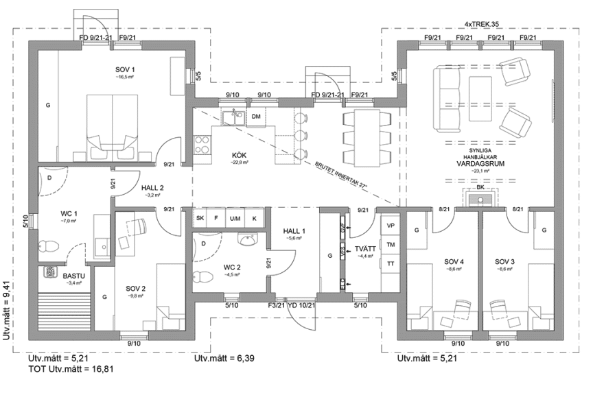 Planritning fritidshus enplanshus 123 kvm Torekov 139 spegelvänd