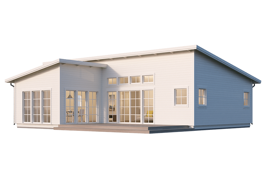 Trend 112, modernt fritidshus med vinkel och pulpettak 99 kvm