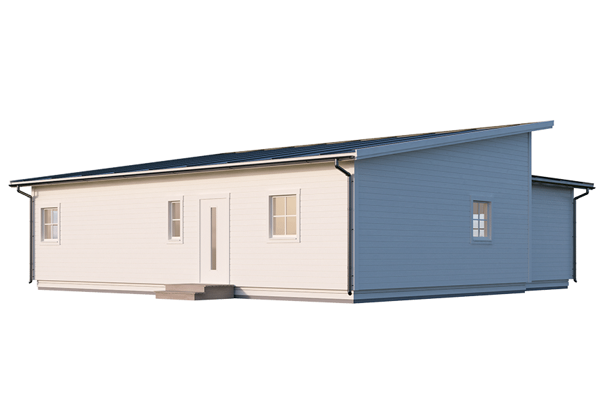 Trend 112, modernt fritidshus med vinkel och pulpettak 99 kvm