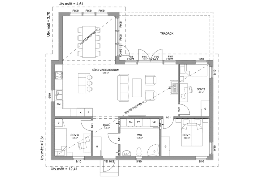 Planritning fritidshus enplanshus 99 kvm Trend 112 spegelvänd
