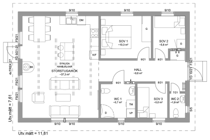 Planritning fritidshus enplanshus 80 kvm Agö 27-90