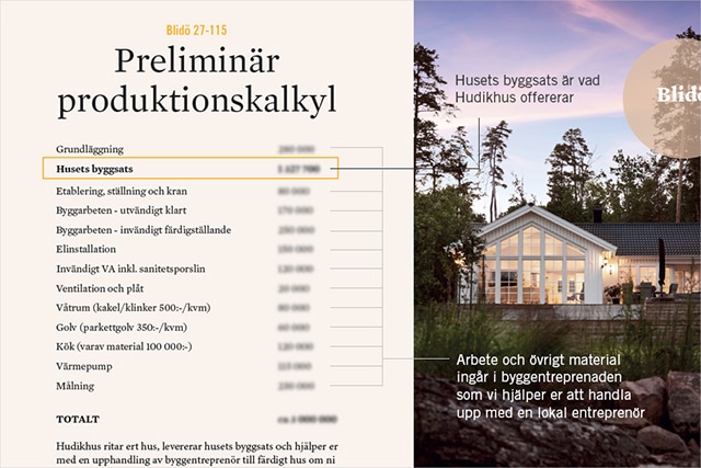 Exempel av preliminär produktionskalkyl med förklarande text - husets byggsats är vad Hudikhus offererar, arbete och övrigt material ingår i byggentreprenaden som Hudikhus hjälper er att handla upp med en lokal byggentreprenör