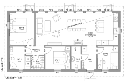 Planritning fritidshus enplanshus 97 kvm Sandhamn 23-108