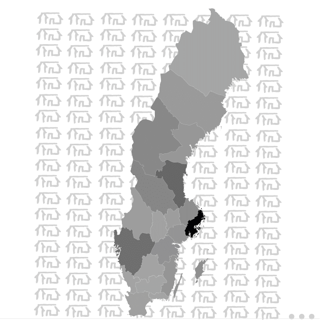 Sverigekarta som visar var Hudikhus levererat flest hus de senaste tio åren - över hela Sverige med tonvikt på Stockholm/Mälardalen, västkusten, södra Norrlandskusten, Öland och Gotland samt Dala- och Härjedalsfjällen