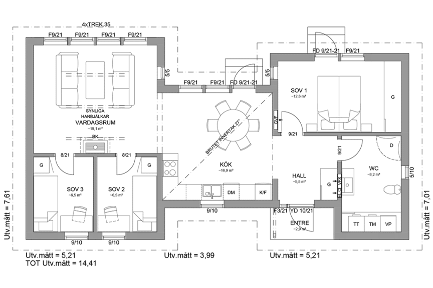 Planritning fritidshus enplanshus 79 kvm Torekov 95 spegelvänd