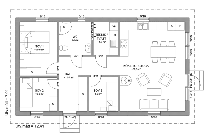 Planritning fritidshus 77 kvm Dalarö 23-87 spegelvänd