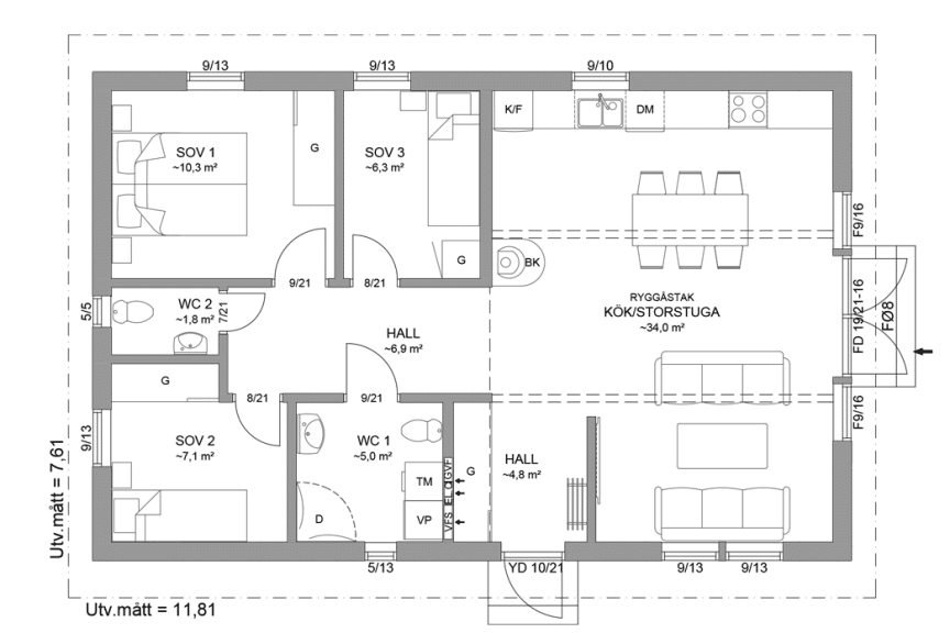 Planritning fritidshus enplanshus 80 kvm Agö 23-90 spegelvänd
