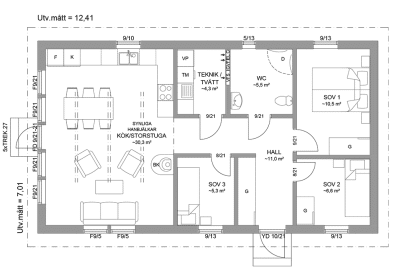 Planritning fritidshus enplanshus 77 kvm Agö 27-87