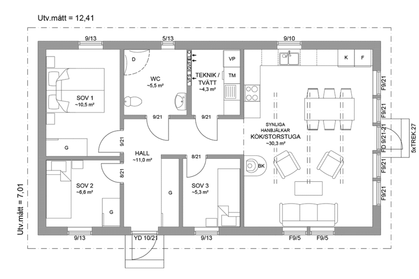 Planritning fritidshus enplanshus 77 kvm Agö 27-87 spegelvänd