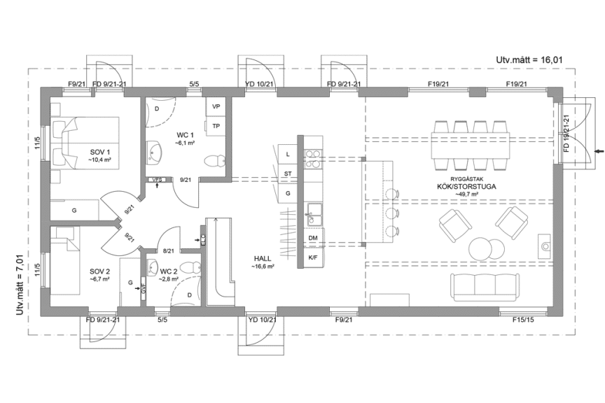 Planritning entreplan Alster 35-112 FHV, lofthus 128 kvm spegelvänd